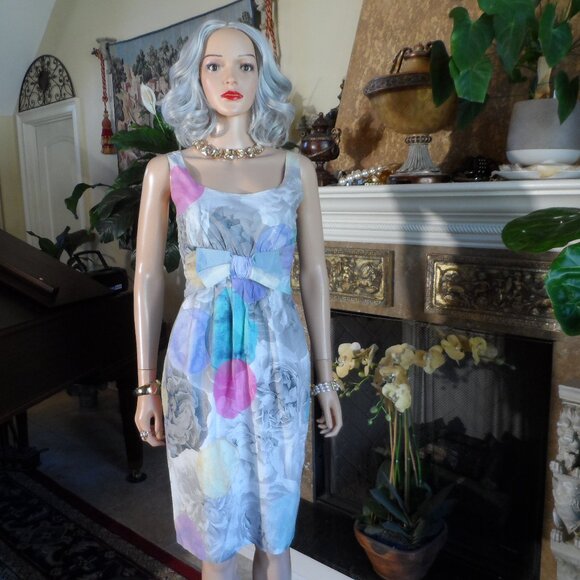 Moschino Cheap&chic Gray Multi Rose Print Sheath Dress w/Front Bow Detail Size 8 - Picture 1 of 16